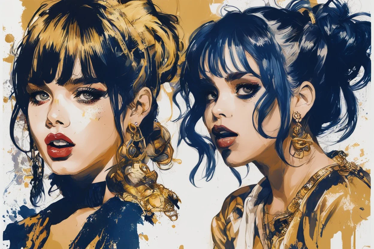 Poster in two gradually, a one side the Singer Danish MØ face and other side the Singer Melanie Martinez face, painting by Yoji Shinkawa, darkblue and gold tones,