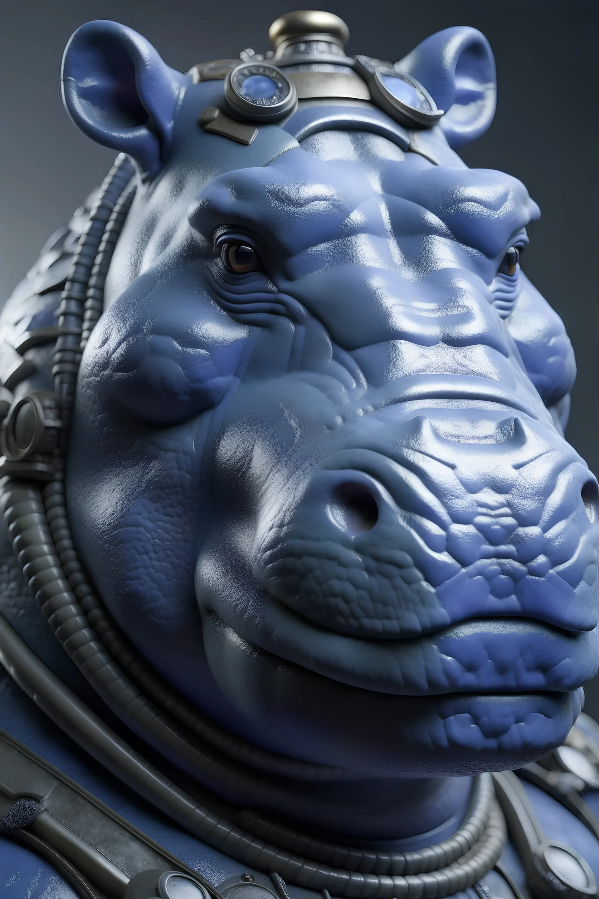 Portrait of a Hippo Rogue for dnd blue gray skin, buzz light year armor, intricate, 8k, macro photography,