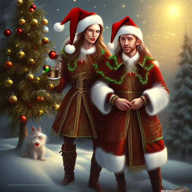 two elves. woman and man. Christmas scene. photorealistic. low-key