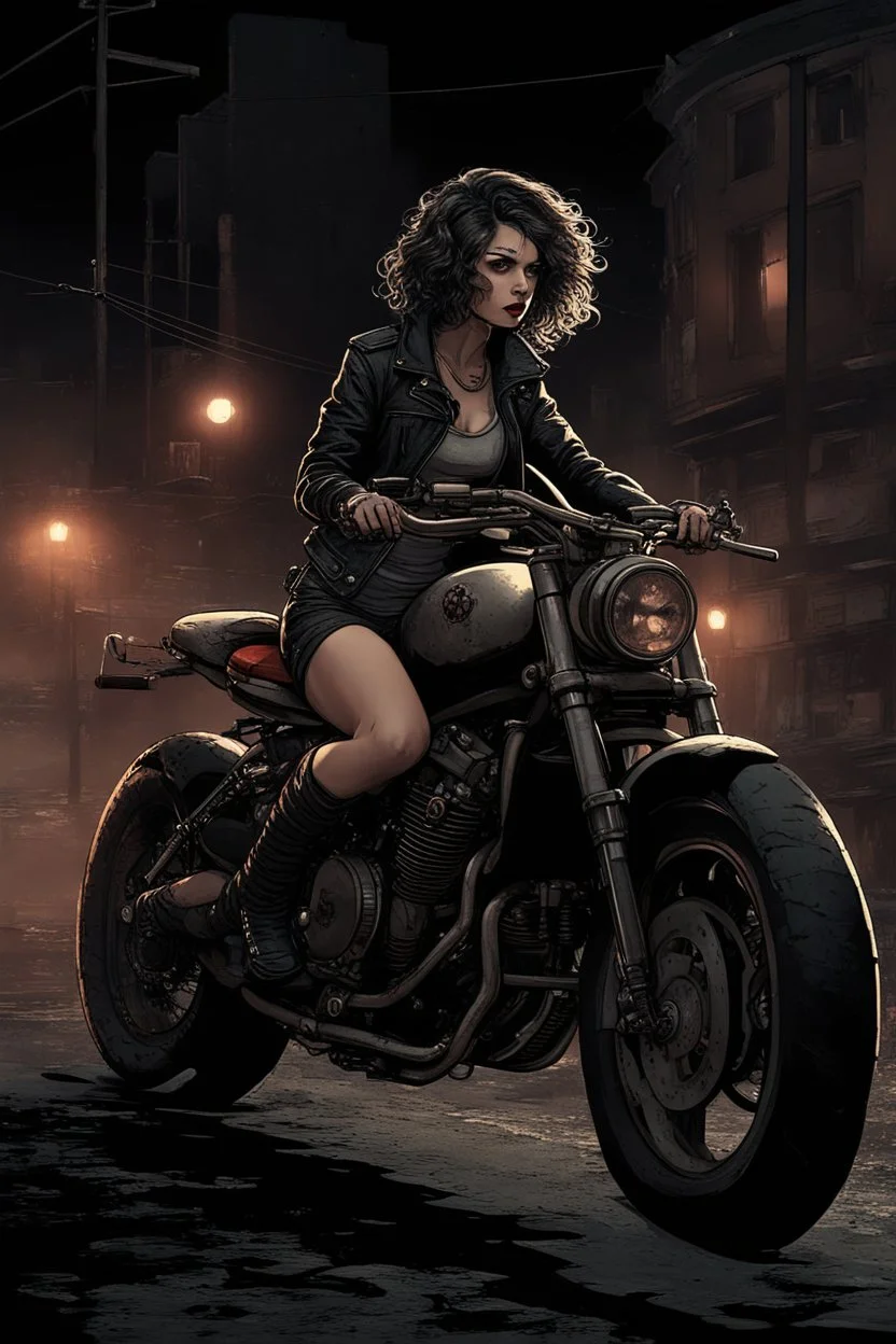 vampire girl with short curly hair riding a cafe racer motorcycle in a post apocalyptic city at night