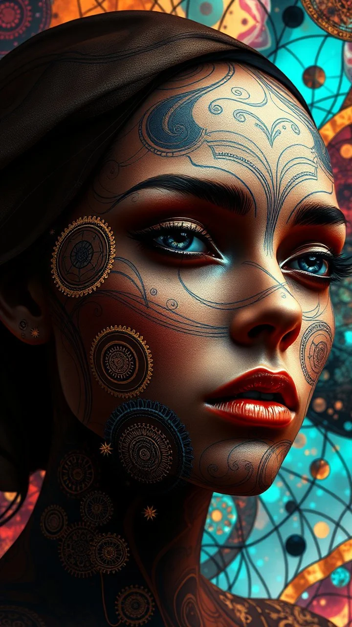A digital artwork of women face adorned with her babe intricate patterns and designs. The figure's face is covered in swirling lines, circles, and other abstract patterns in hues of mocha, navy and gold.The background is a colorful glass , with abstract patterns that complement the figure's design. The overall ambiance of the image is dreamy and surreal.