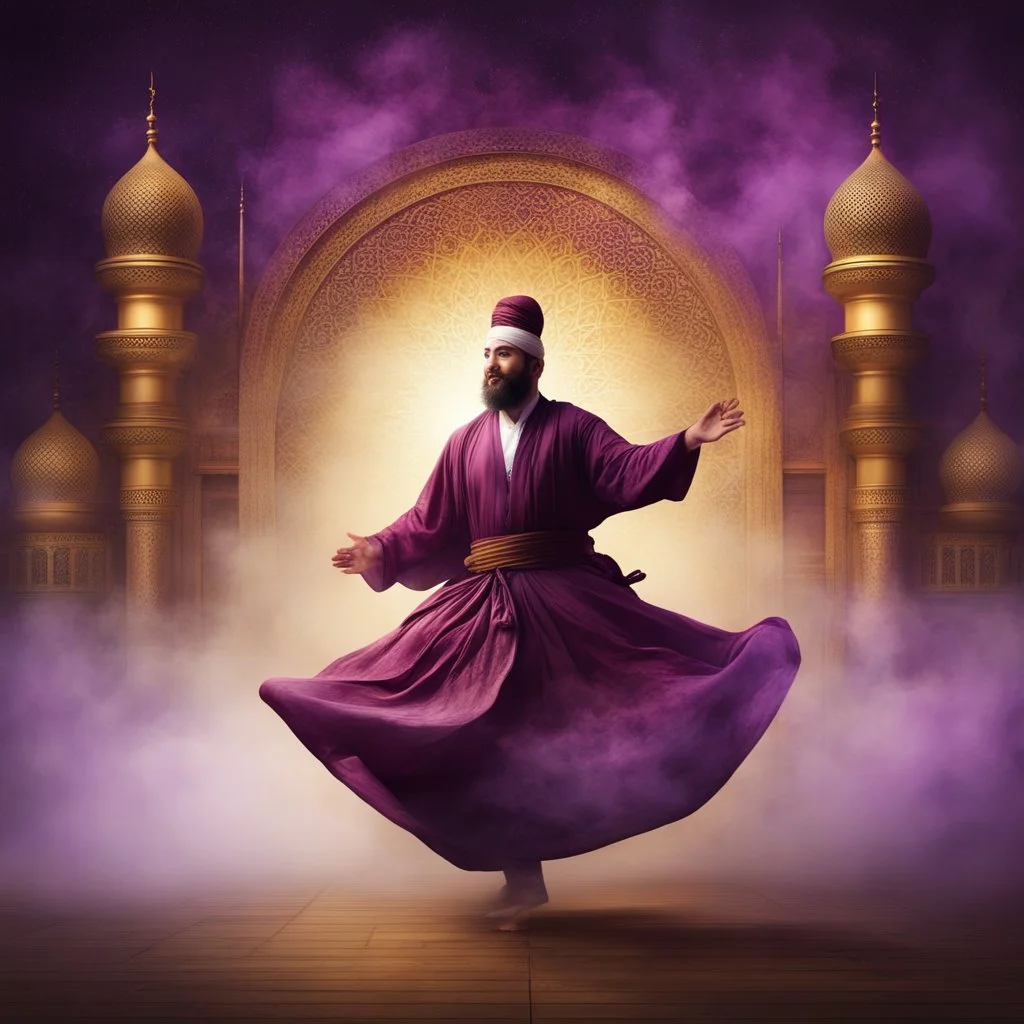 Hyper Realistic Sufi Whirling with Golden, Maroon & purple Islamic Sufi Rustic Grungy Background with Islamic Architecture at night with heavy fog Whirling