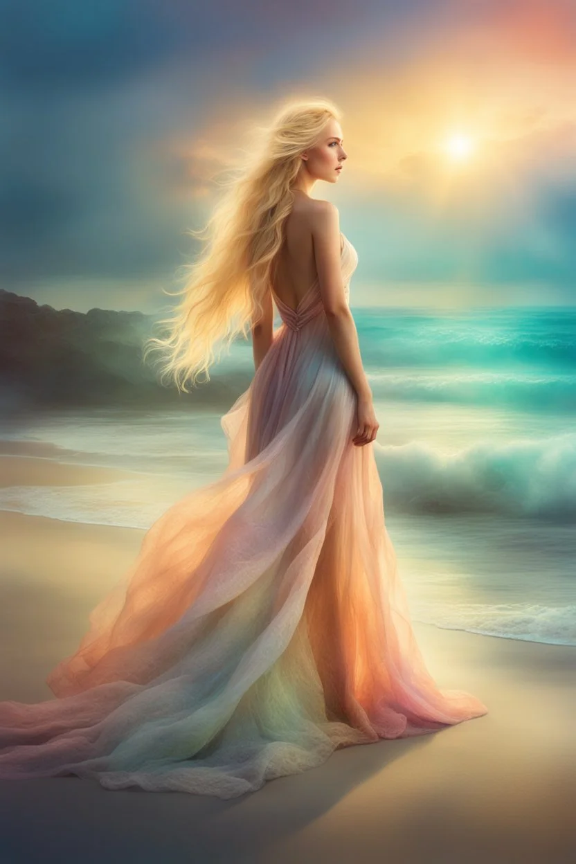 Creëer een mooie realistische Fantasie art, mooie vrouw, standing on the beach in a long dress, long blondes hair,, soft lighting, vibrant colors, ethereal, dreamlike, nature-inspired, romantic, whimsical, fantasy art, peaceful, enchanting, surreal, atmospheric, natural elements, sunlight filtering