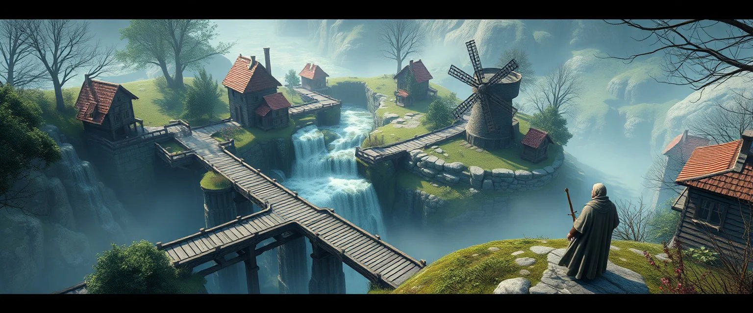 winding bridges in game waterfall and mill labyrinth landscape with houses and fog of war, monks looking up at camera