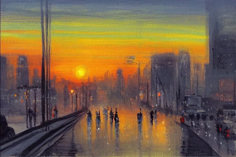 City, distant city, sunset, people, street, Street reflections, lesser ury impressionism painting