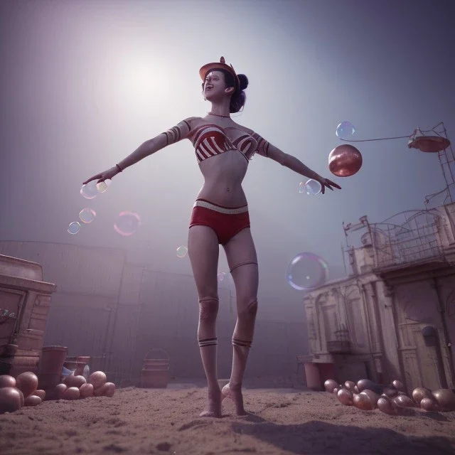 Ultra realistic circus scene. Classic acrobat woman, waist up view, Wes Anderson style, happy, bubbles, highly detailed, concept art, unreal engine 5, god rays, ray tracing, RTX, lumen lighting, ultra detail, volumetric lighting, 3d, finely drawn, high definition, high resolution.