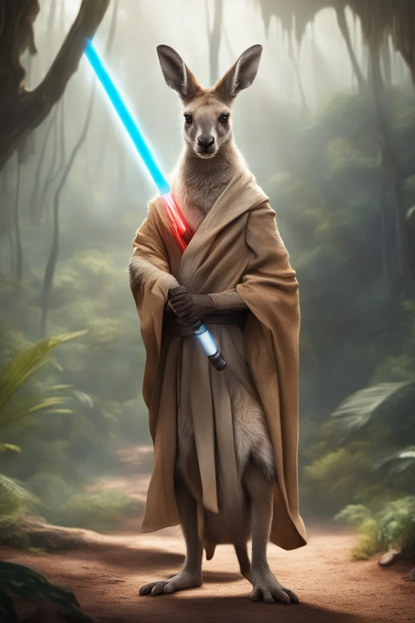 [photo realistic] a kangaroo standing with a Jedi cape and a Lightsaber, using the force, jungle in the background