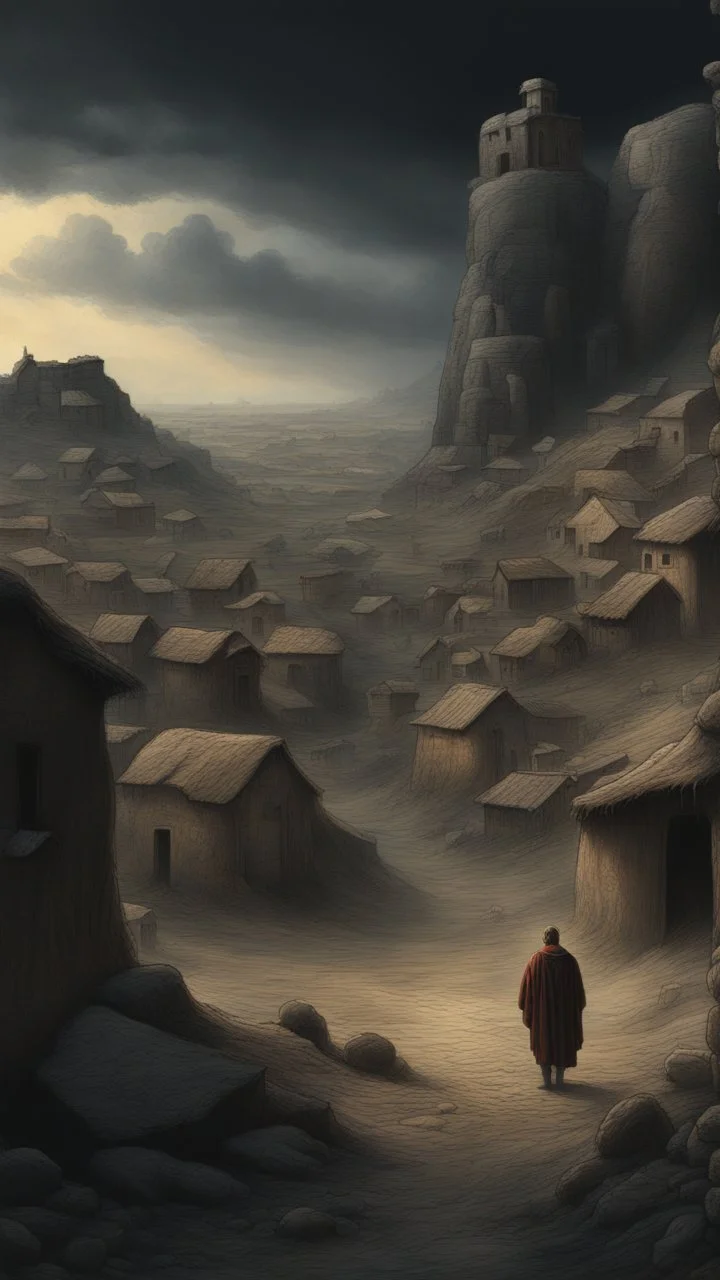 Busch nightmares paining style, thin line draw ,Title:a giant man looks like a hero , a view of a Stone Age village , 8k artistic photography, photorealistic concept art, soft natural volumetric cinematic perfect light, chiaroscuro, award-winning photograph, masterpiece, oil on canvas, Raphael, Caravaggio, Greg Rutkowski, people, beksinski, Giger