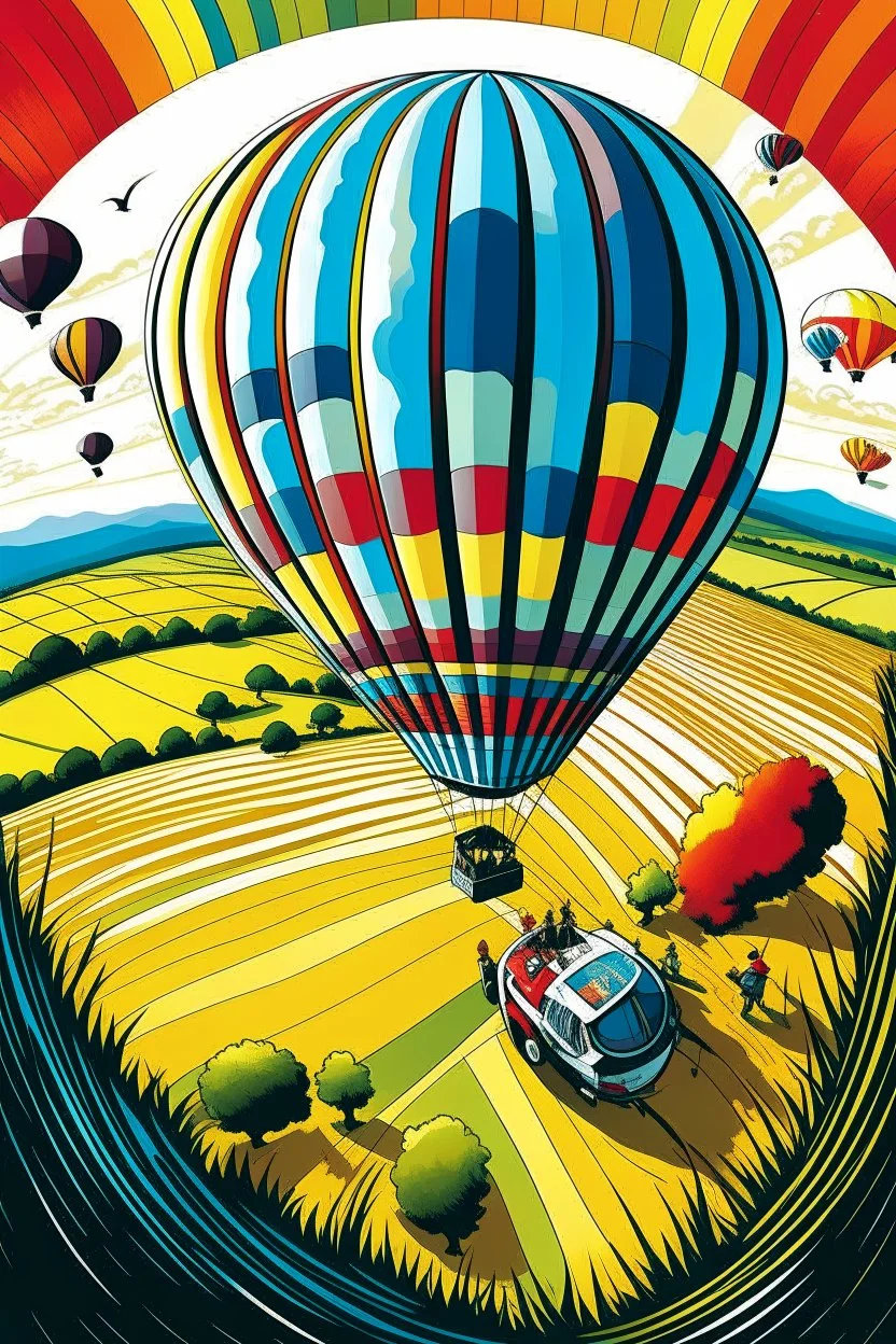 A GoPro camera is attached to the underside of a hot air balloon, capturing a breathtaking view of rolling hills and colorful patchwork fields below. A flock of geese flies alongside the balloon, casting long shadows against the landscape. Style: Dynamic, Mood: Euphoric, Lighting: Clear, bright sunlight, T-shirt design graphic, vector, contour, white background.