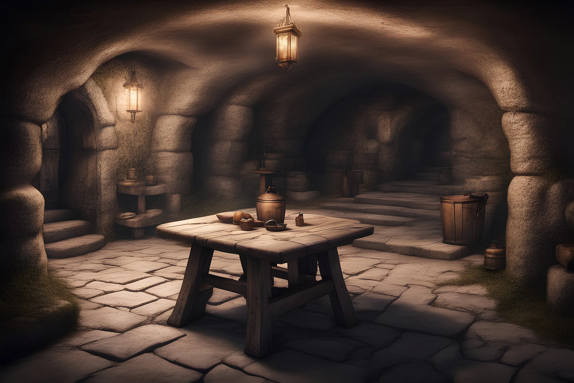 fantasy medieval underground cellar with table