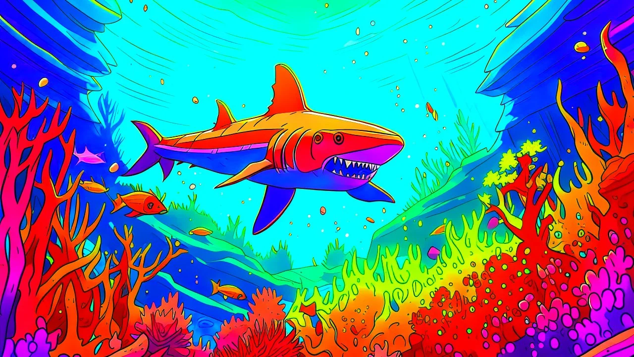 Comic style, underwater, coral reef, shark