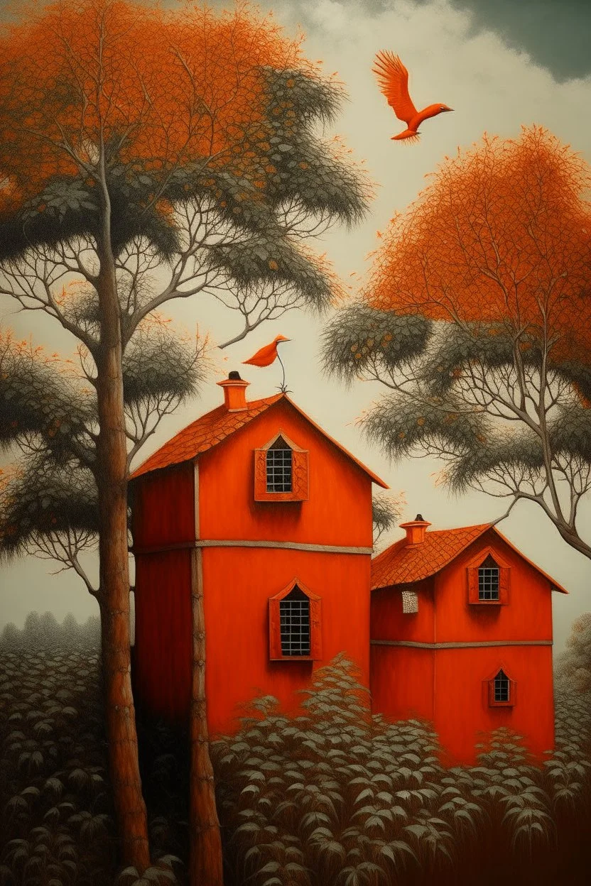 Dark orange treetops with birdhouses painted by Leonardo da Vinci