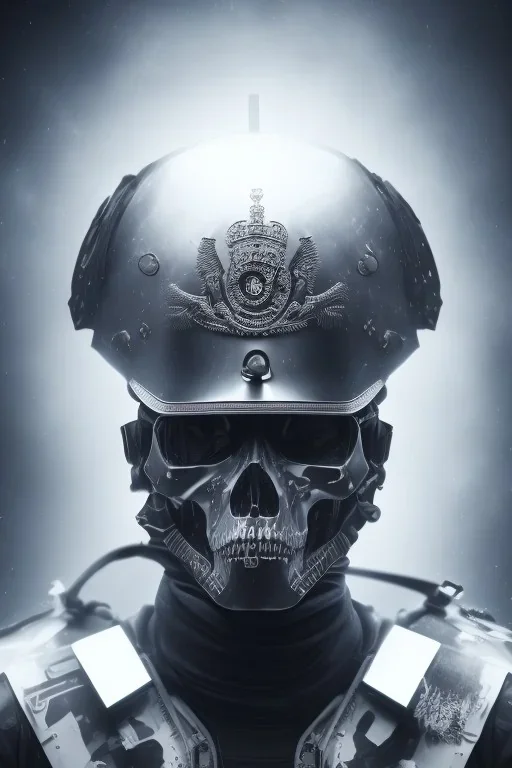 All black British soldier, high tech skull special forces helmet, shiny platinum helmet, white smoke, dark, rage, sorrow, high definition, ultra 8 k, volumetric lighting, blue fire, fog