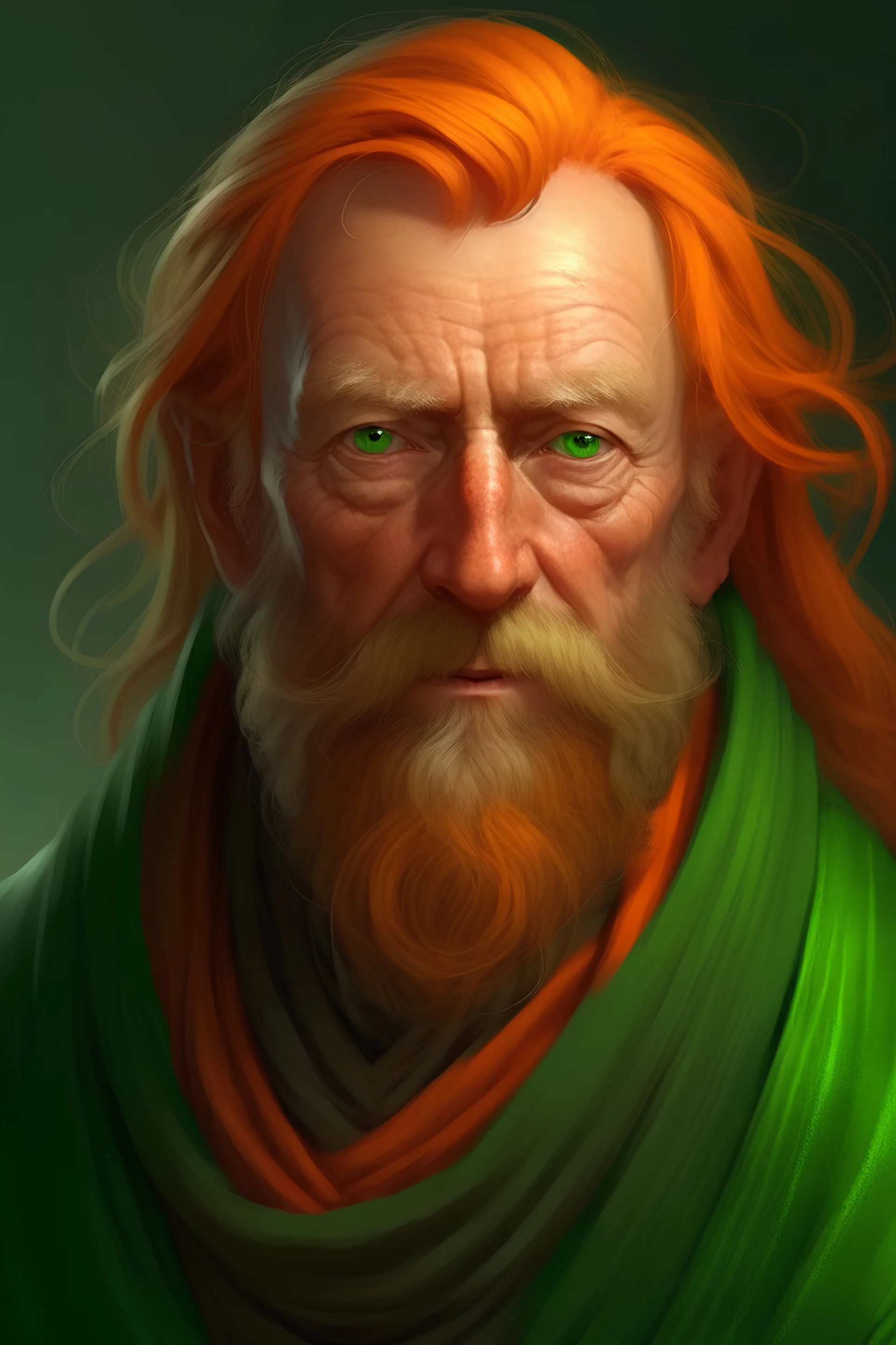 a man in his fifties, medium length orange hair with bits of grey, medium length beard with bits of grey, long nose, narrow lips, grey eyes, dressed in a bright green robe, realistic epic fantasy style