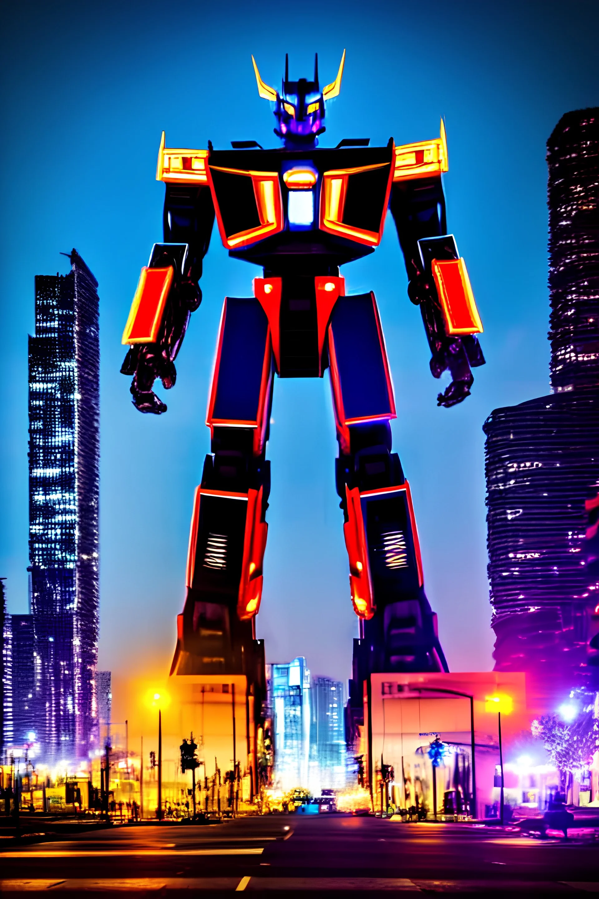 giant robot in a future city, transformers vibe, perfectly centered, full body portrait, perfect eyes, 600mm lens, Sony Alpha α7, futurist, epic, dramatic, cinematic lighting, high contrast, 8k