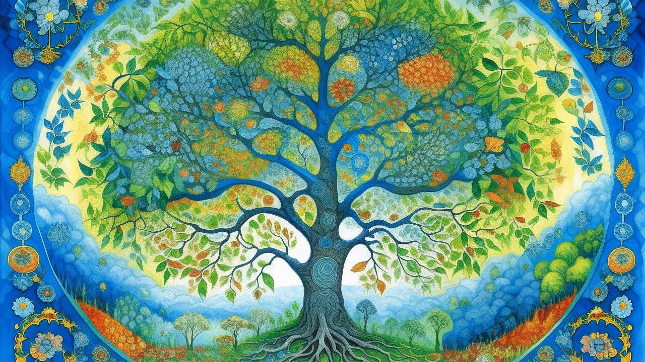 A tree of life in the center with abundant foliage along with views of all seasons, spring, summer, fall, and winter, in a special, eye-catching blue color theme.