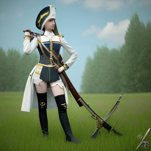 female line infantry, napoleonic, armed with musket, feminine corset, ankle boots, wearing thighhigs and miniskirt, bare thighs, hair in pigtails, wearing tricorn hat, opera mask, full body shot, standing in field, looking into distance, hyperrealism photorealistic, detailed elaborate