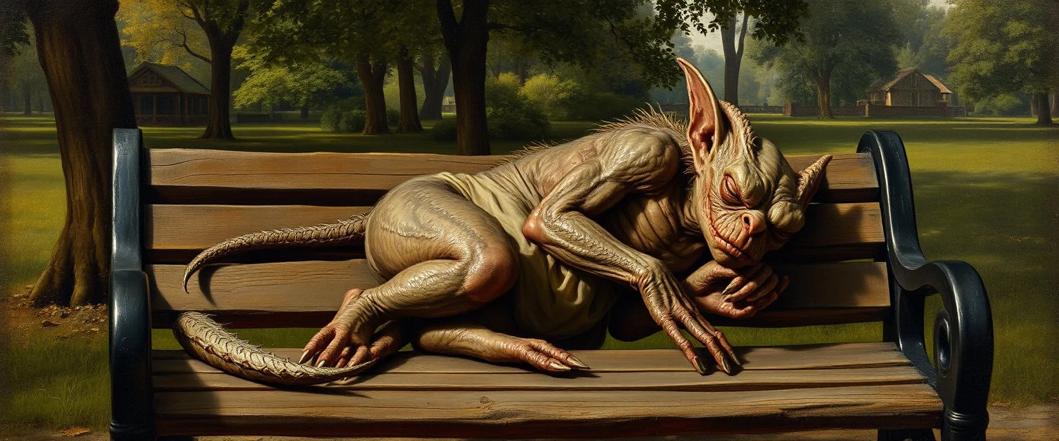 master oil painting by Rembrandt, female old orc dragon gremlin sleeping on a bench in the park