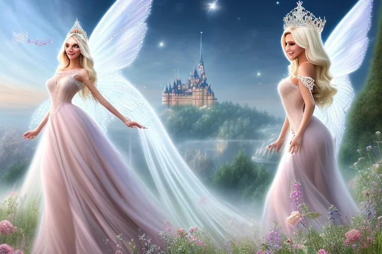 castle in background, beautiful, soft, big smiling, straight and long blonde hair, dewy and shiny atmosphere, diamond crown, long fairy wings in the back, full head, pink veil clothes