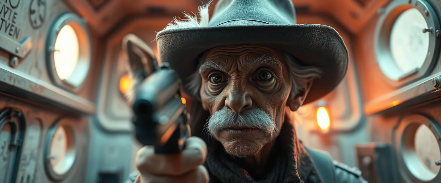 gritty air brush 3d with pen outline,seasoned handsome gunslinger western fluffy elder woman edgy hero with slightly glowing eyes and nudged dented skin in front of glistening space tardigrade dog, shallow depth of field, warm lantern, pin hole cam in doll house space ship, bottom floor board edge border