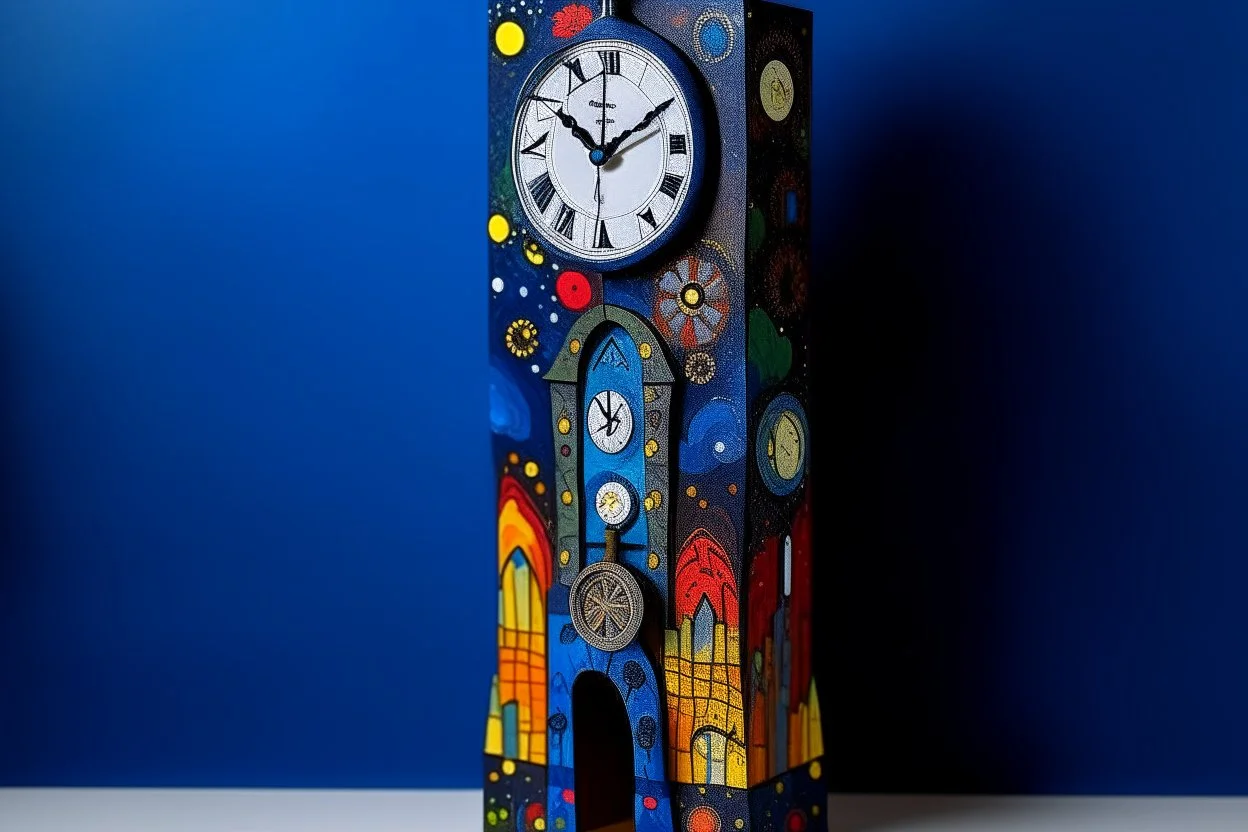 A dark blue clock tower in a galaxy designed in Mexican folk art painted by Wassily Kandinsky