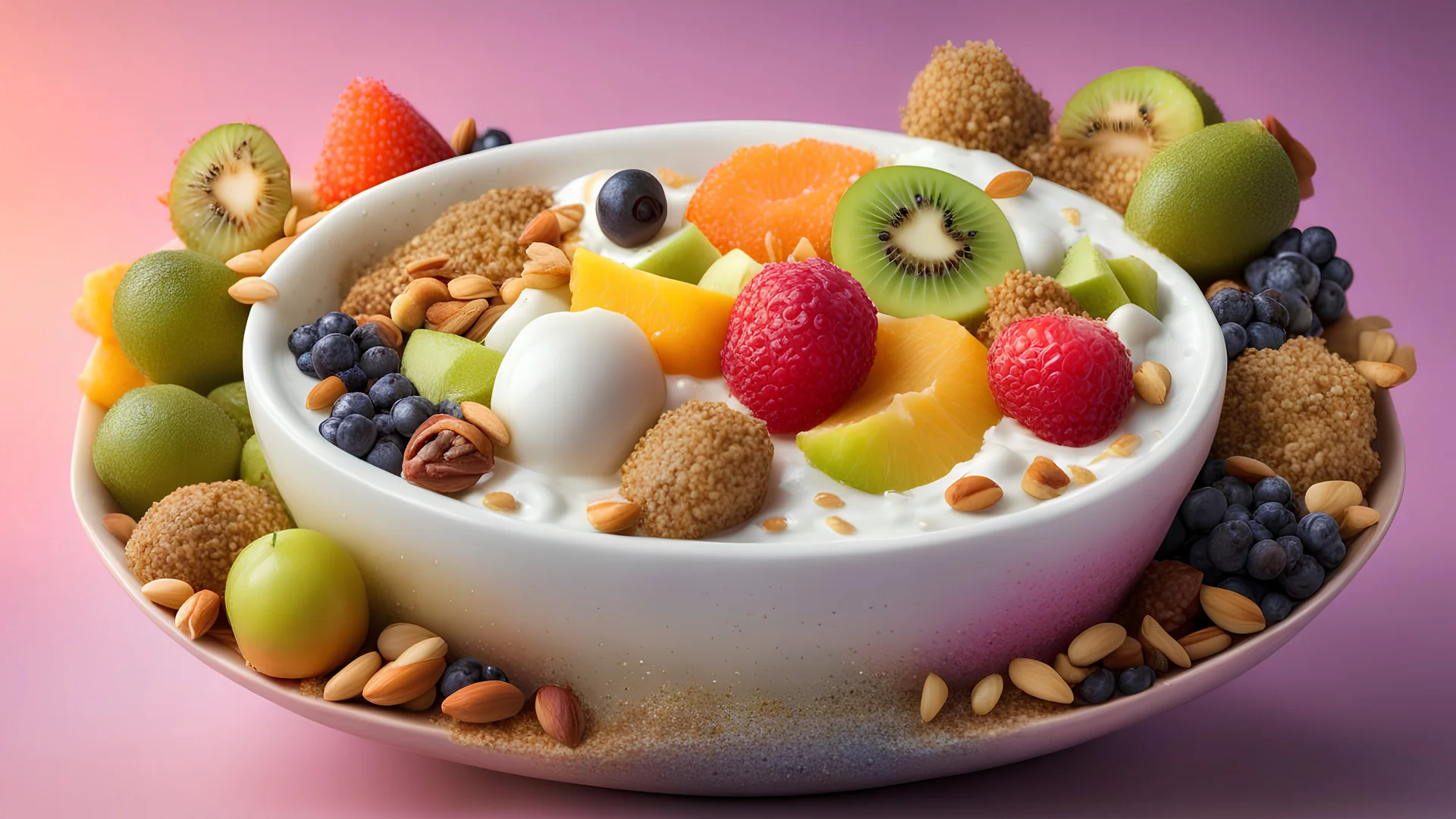 A breakfast bowl featuring a whimsical arrangement of fruits, nuts, and granola. The yogurt base is dyed with natural colors to create a gradient sunrise effect, topped with star-shaped kiwi slices and edible glitter. Ultra Realism, beautiful intricate insanely detailed octane render, 5d, 16k, artistic photography, perfect light, chiaroscuro, award-winning photograph, masterpiece, rule of thirds, 35mm lens, adjust perspective