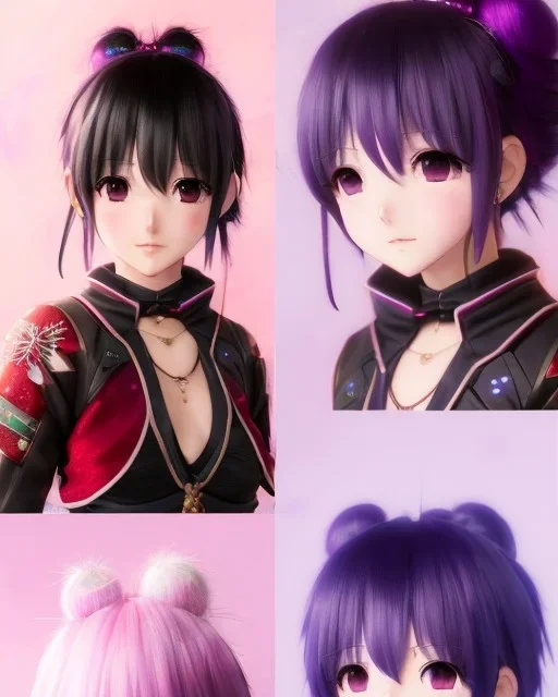 Detailed cute anime Kunoichi Christmas girl, purple hair buns, purple bangs, Christmas style colours, intricate details, full body portrait, keep head in frame, slight smile, black Japanese motif, concept art, highly detailed, digital painting, concept art, sharp focus, illustration, art by Yoji Shinkawa, WLOP and greg rutkowski and alphonse mucha and artgerm and yanjun Chen and Junji ito and Makoto Shinkai, HDR, octane render