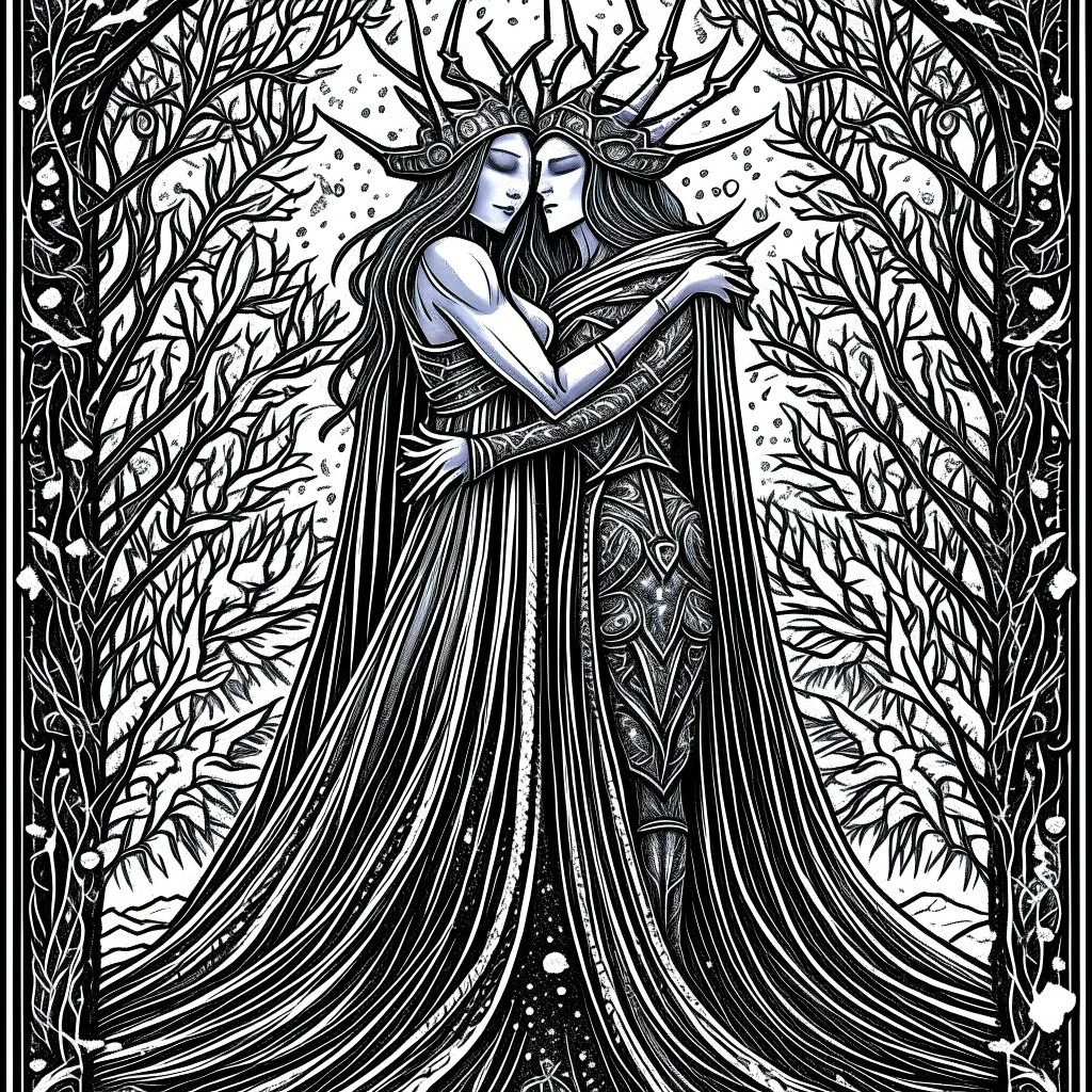 The ice queen's embrace, by Godmachine, heavy metal art, surreal sketch, tarot card aesthetic, cold colors, minimalism, black and white and Midnight blue