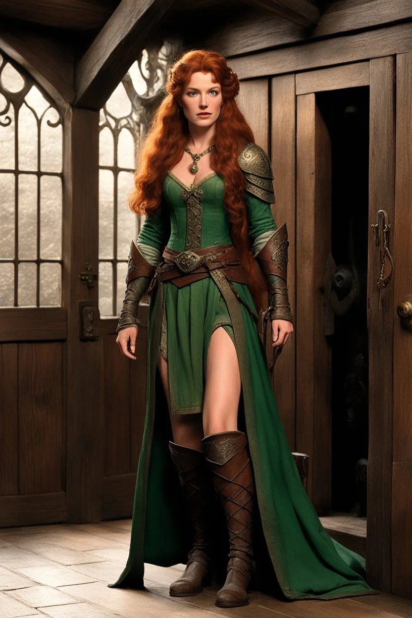 [high res photo by Ray Harryhausen, in the room of a tavern of middle earth] Minutes pass, and you hear footsteps approaching. The door creaks open, a woman enters. She's tall and statuesque, with long auburn hair and piercing green eyes. Her fine clothes mark her as a woman of means, and her demeanor suggests a mix of nervousness and intense desire.