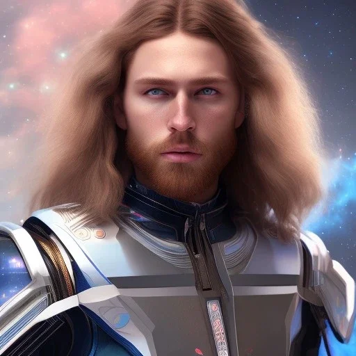 Full body ,Beautiful cosmic man, blue eyes, long blond hair, cosmic suit, galactic backdrop, soft lighting, hyper realistic, unreal engine 5, 16k