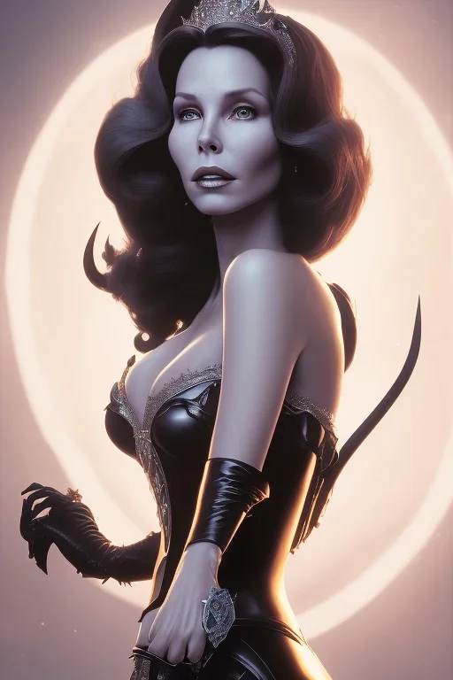 Jaclyn Smith as evil queen in black leather, busty, cleavage, dominatrix, curvy, angry, stern look. character design by cory loftis, fenghua zhong, ryohei hase, ismail inceoglu and ruan jia. unreal engine 5, artistic lighting, highly detailed, photorealistic, fantasy