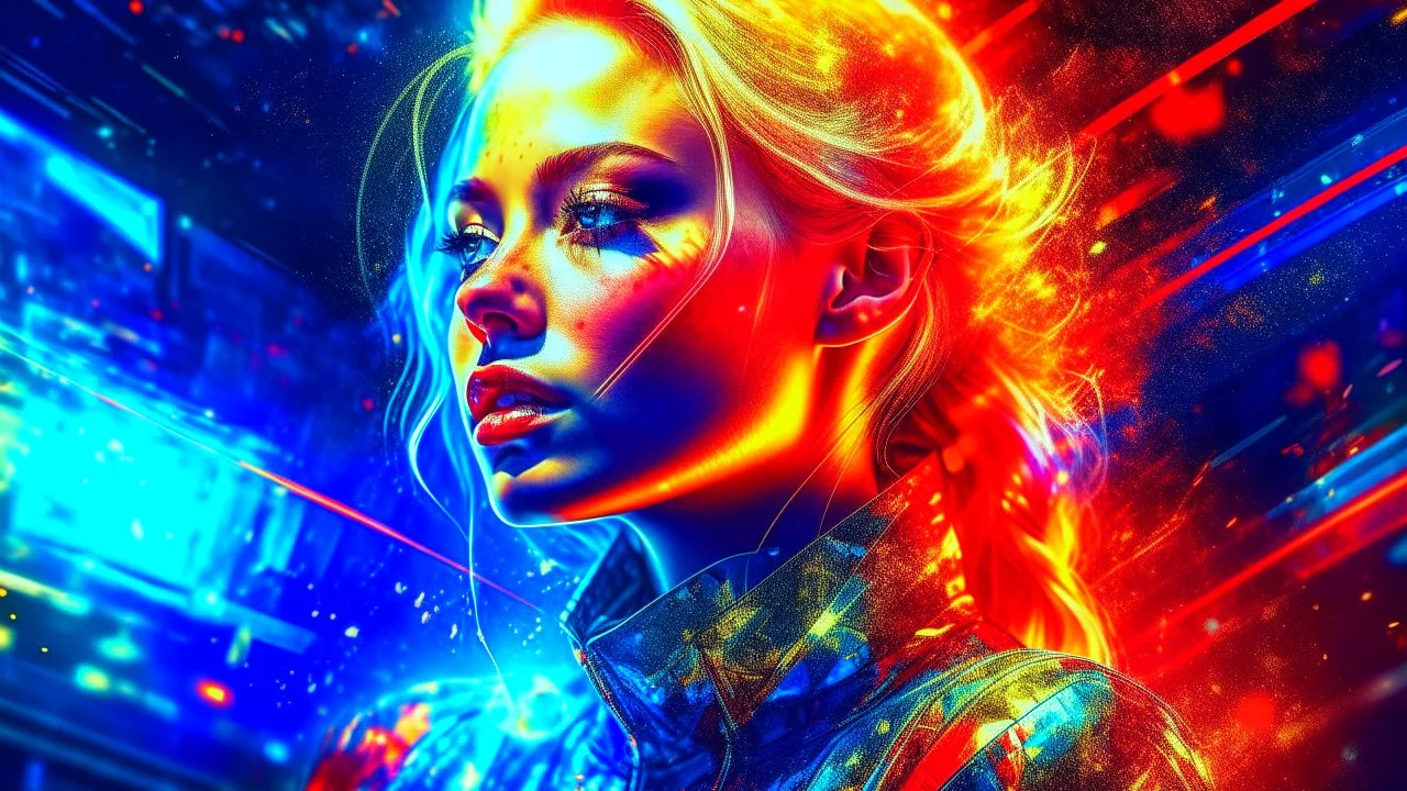 old worn canvas, layered, embossed, double exposure, artistic luminous soft watercolor, glitter, medium ground, luminosity, highlights, gold fragments, shine, light effects, artistic luminous, portrait of a female cyborg in flowing clothes, blonde hair, red lips, wind, blue space, planet, clear lines, layered, blending, textured, surreal, 3D, 8K, best quality, fine rendering, high detail, hyperrealism, high resolution, high definition, layered, pin sharp, hyperfocus, vignette
