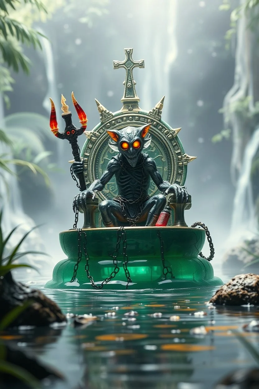 action figure of a glossed an transparent chained and crucified electric racoon necromancer on round swamp transparent glass boat eye throne in a charged foggy jungle starry waterfall, blur background to make character pop out