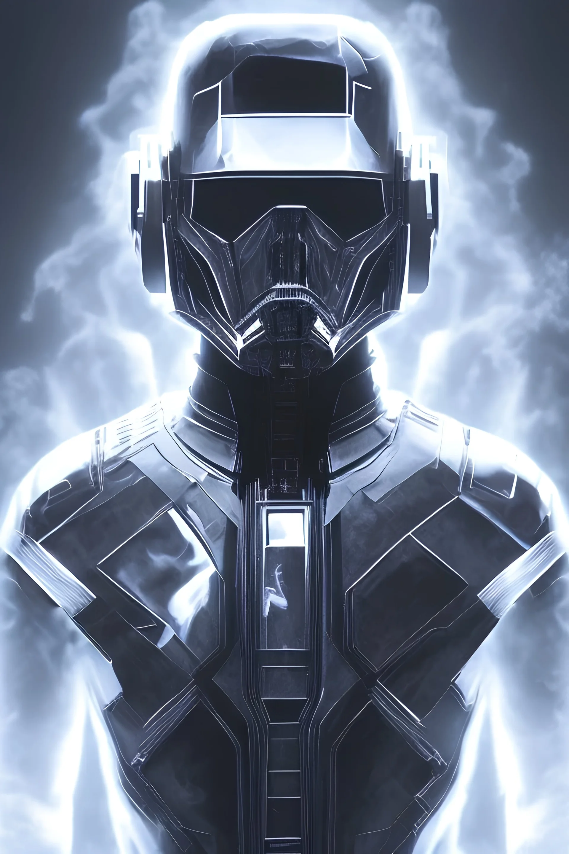 All Black Hayden Christensen soldier, ghost, wearing high tech mask, white smoke, dark, rage, sorrow, high definition, ultra 8 k, volumetric lighting, blue fire, fog