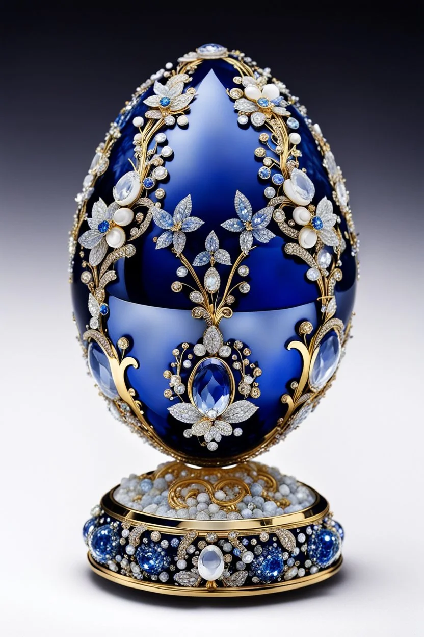 A Fabergé jewelled egg, the exterior of the egg resembles perfect blue crystal egg formed with many gold decorations. It is studded with diamonds and is made from quartz, platinum, and orthoclase with miniature flowers, diamonds and made from platinum and gold, the flowers and plants made of white quartz and gold, The box features decorative Swarovski crystals and an enamel finish, high quality, detailed, photography, stunning