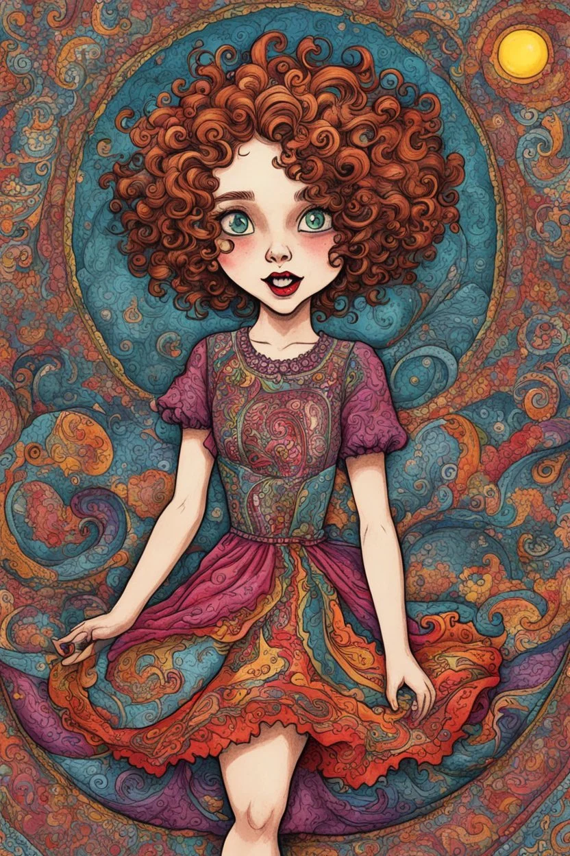 a cartoon illustration of a schizophrenic curly, short haired vampire girl in a paisley sundress, in the cartoon style of Lynda Barry , Ernie Pook's Comeek, vibrant natural colors, , museum quality masterpiece