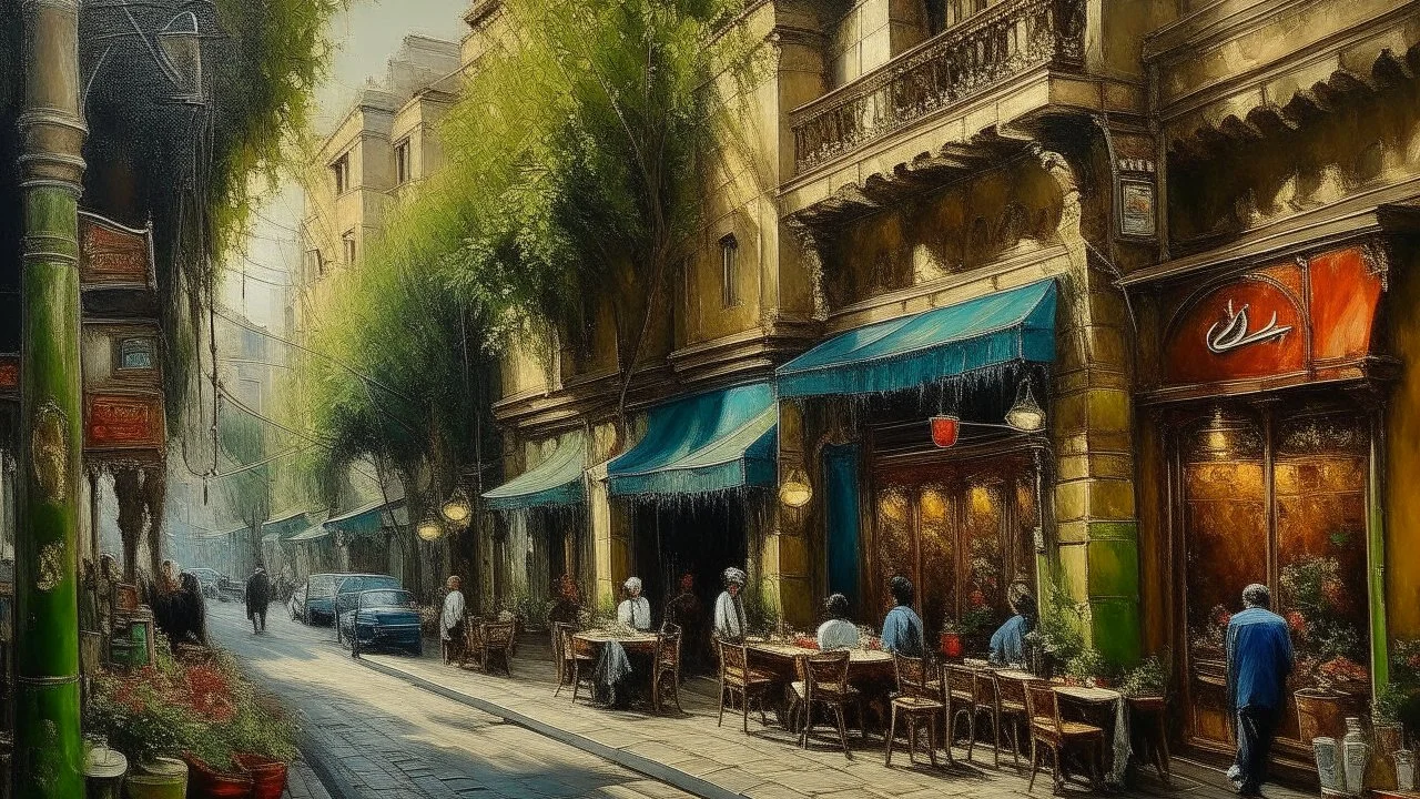 a street with cafe shops like Tehran. oil painting