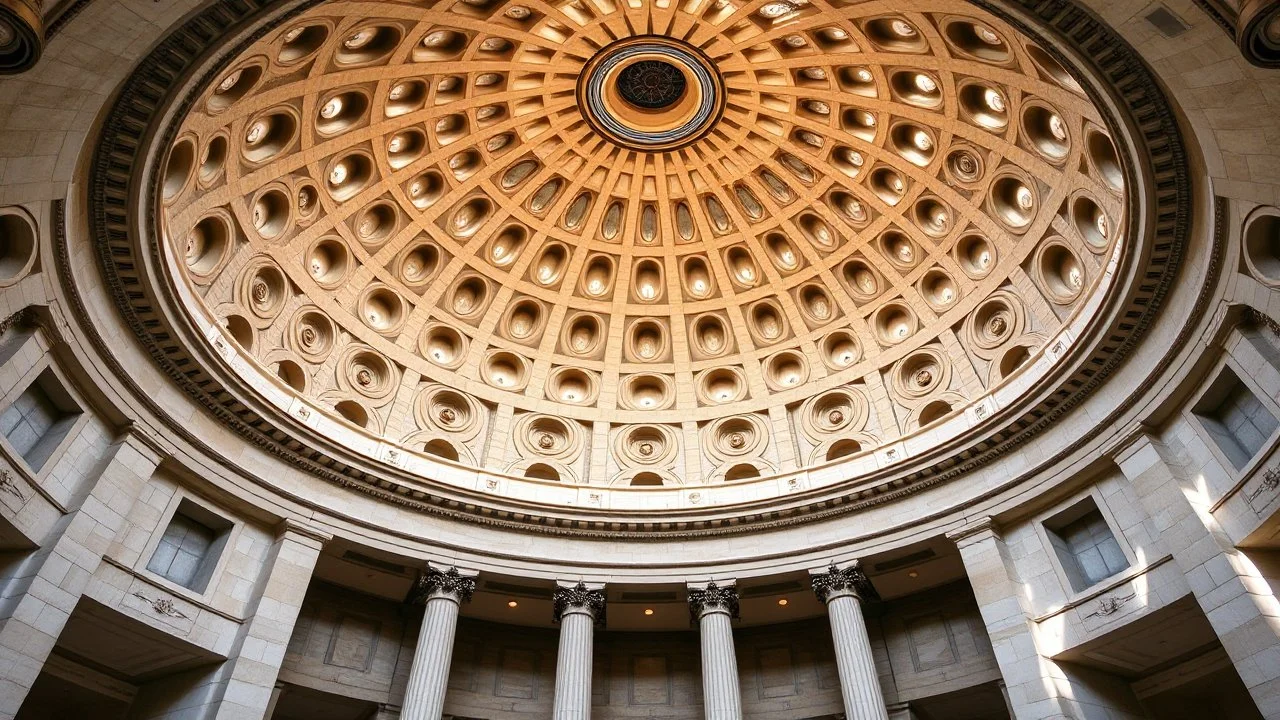 A grand, circular dome building with Lissajous-curve-inspired designs intricately carved into the stone façade. The undulating curves dance across the surface of the building, creating a mesmerizing, fluid pattern. Inside, the dome is supported by circular columns with soft, curving lines, and the ceiling features geometric art that mimics the beauty of the Lissajous curves. Award-winning photograph.