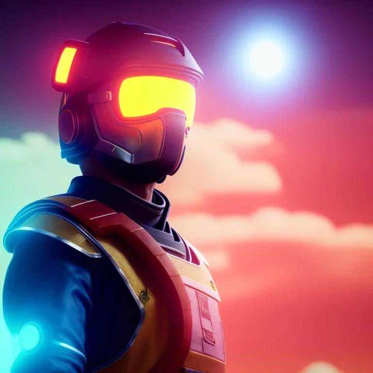 portrait, eternal samurai fusion space suit, floating in space, sun burning bright in background, neon light, 8k, 3d, blender