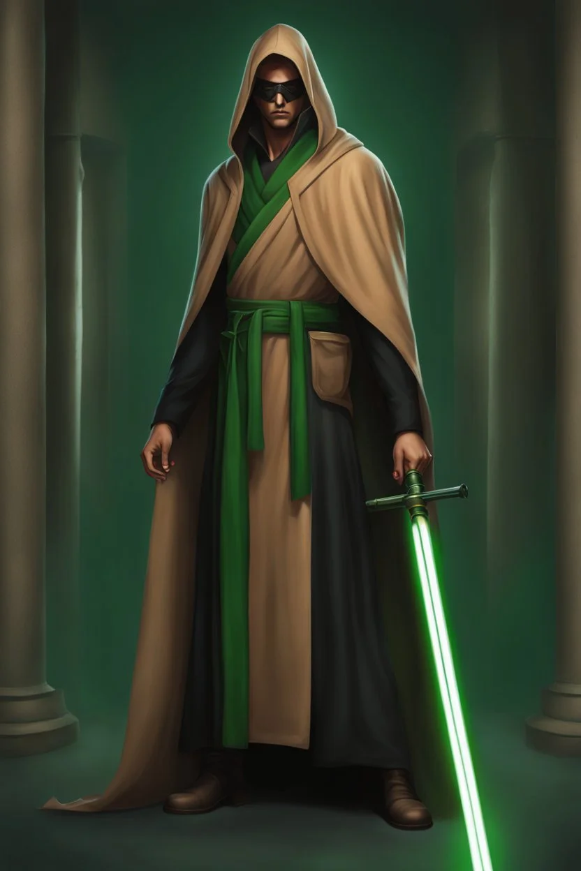 Full Body, Male Tan Human, Sith, Blindfold, Green Robes.