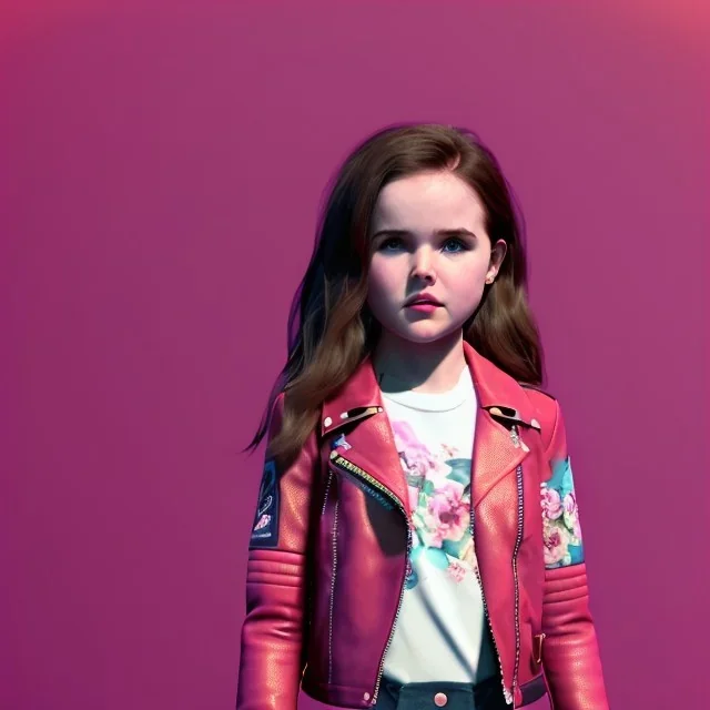 Zoey deutch toddler, full body, leather jacket, floral shirt, floral skirt, shoe, soft skin, movie background, dramatic lighting, hyper realistic