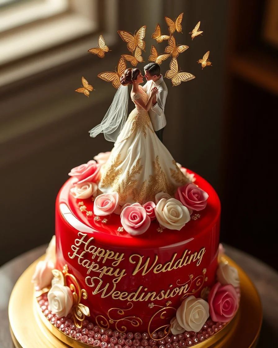 hyper realistic of beautiful miniature a romance couples dance' on top of a red shiny big tall jelly cake decorated. intricate gold butterflies on top. Cake sits on a gold plaque decorated with roses. Top angle view, cake decorated with intricate jewelry, written details "Happy Wedding" in details cursive letters, ultra HD 64k studio hyperrealism lightning light reflections