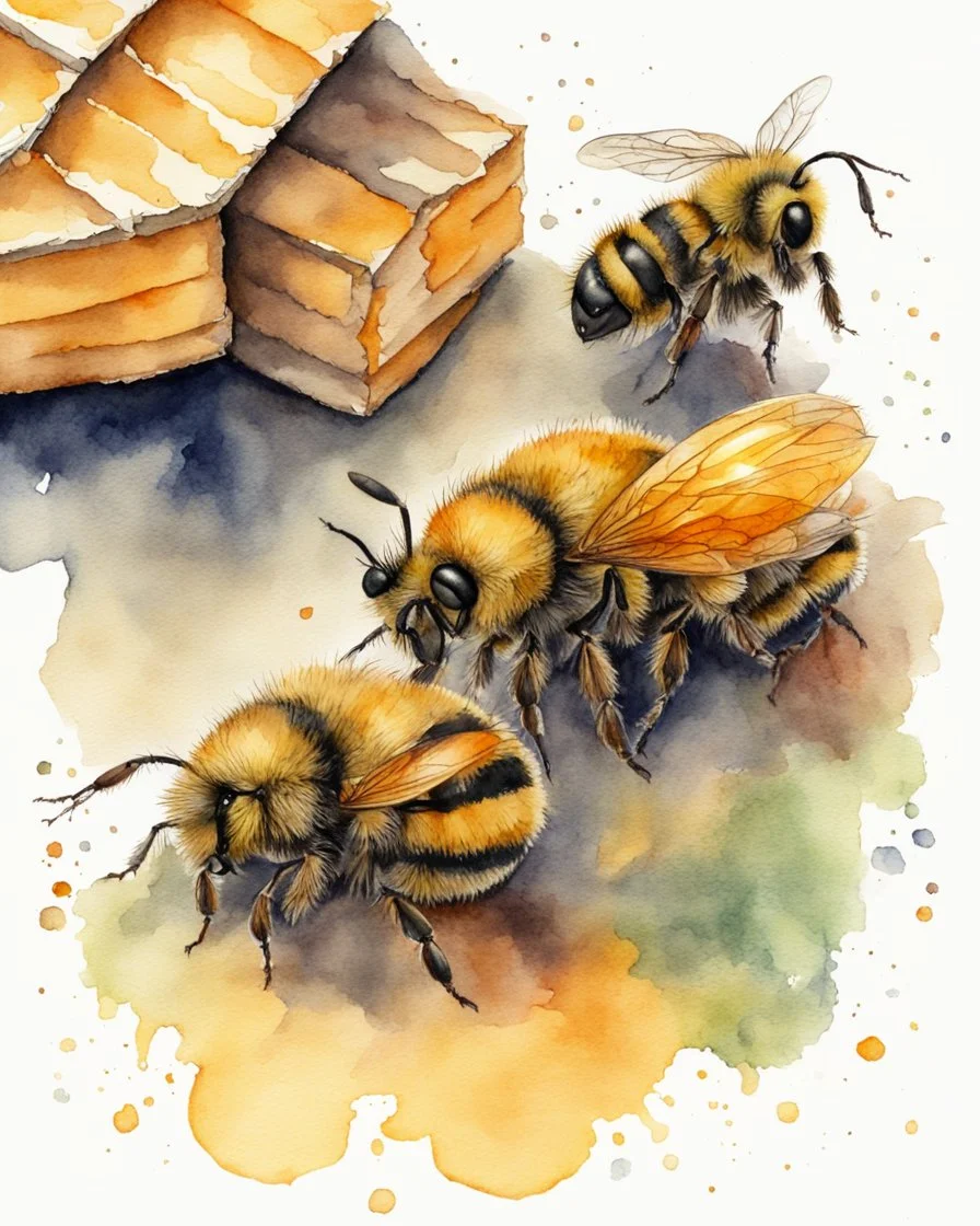 three bees under the hive watercolor drawing