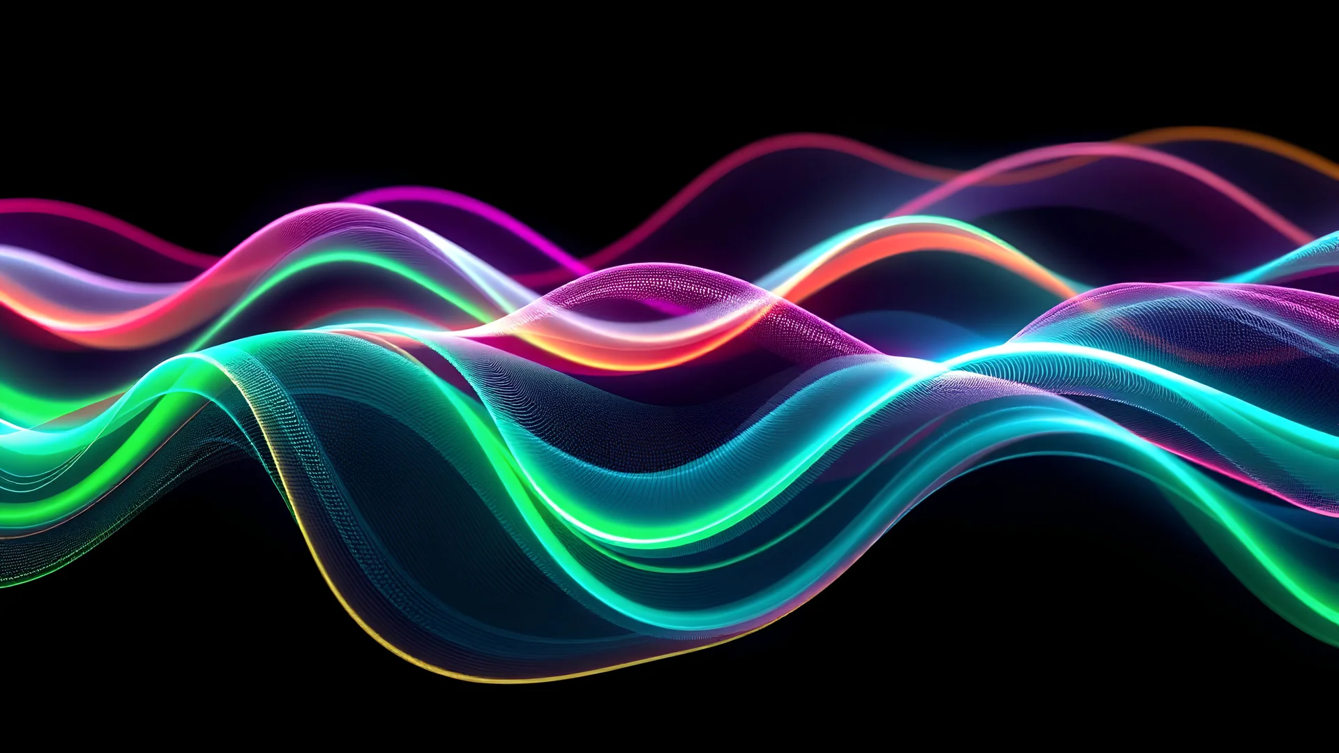 Abstract 3D waves background, neon spectrum, cybernetic essence, vibrant, vivid and detailed, on black and green background with alive with energy.