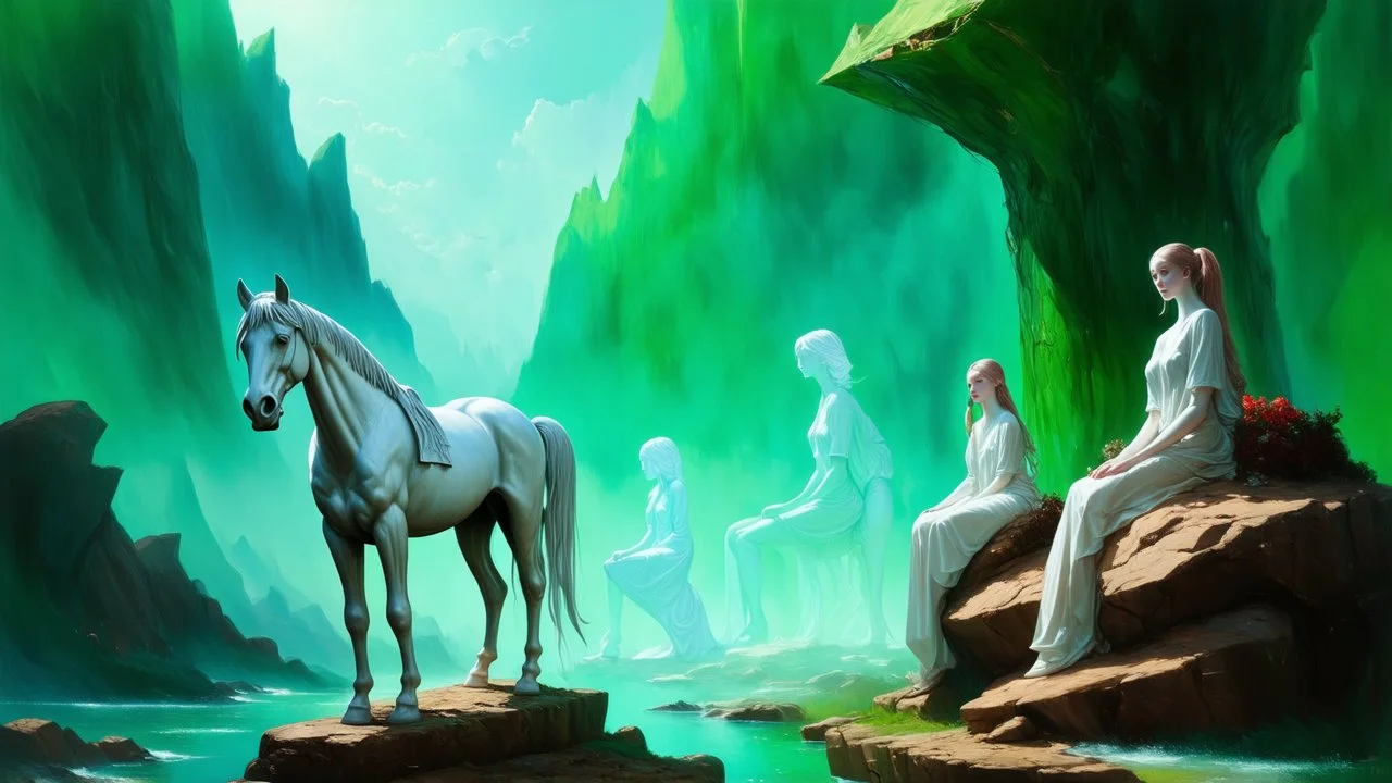 A surreal oil painting depicts a mystical landscape with a white, stylized horse statue standing in the foreground. To the right, a group of female figures, also appearing as statues, are seated on rocky outcrops. One figure is in the foreground, facing left, while others are positioned behind her, some with translucent, ethereal qualities. In the background, large, abstract green forms resembling trees or rock formations dominate the scene, with a hazy, moonlit sky above. The overall atmosphere