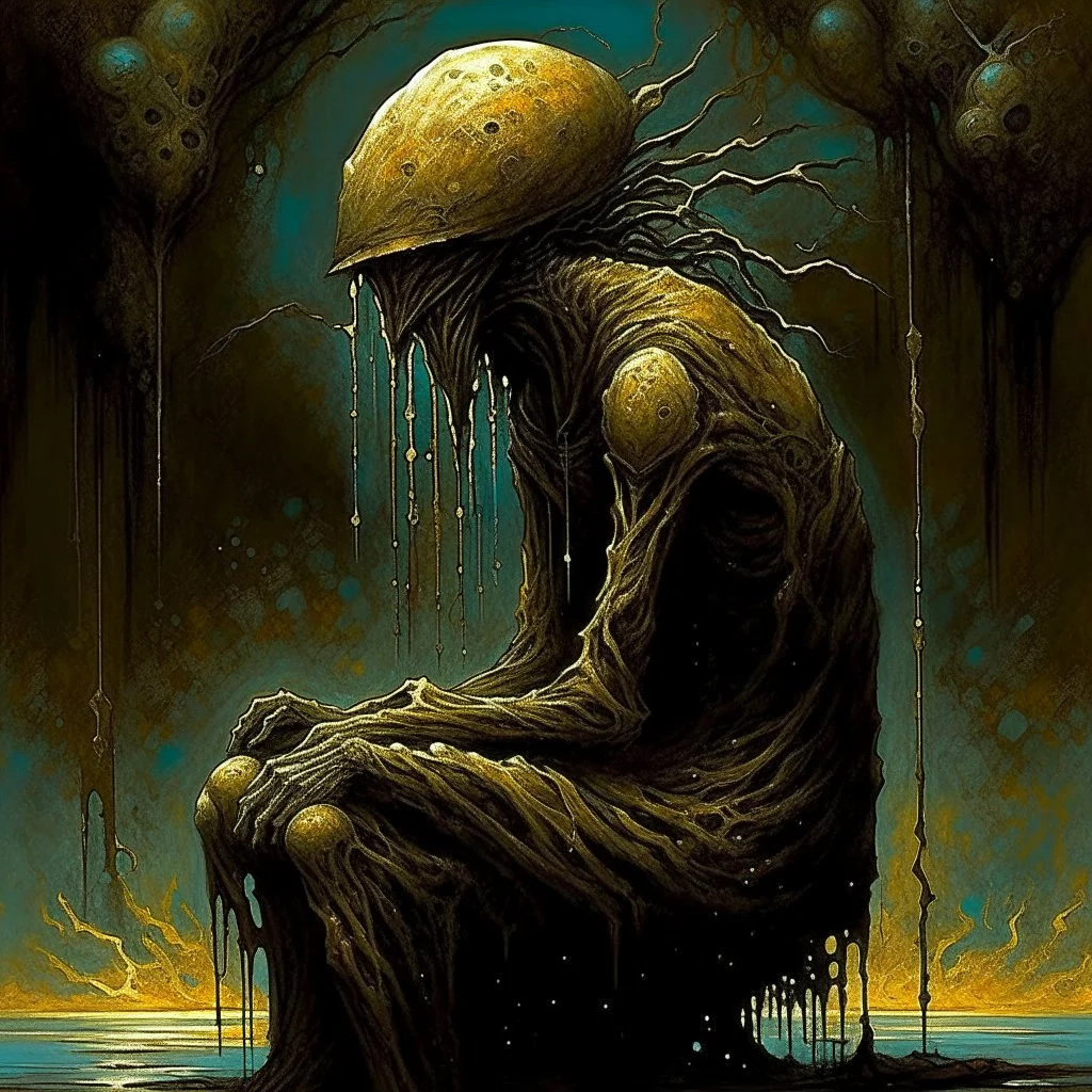 Melancholy a hunger that never satisfies, by Dave McKean, inspired by the nightmare paintings of Zdzislaw Beksinski, gnostic hydraulics, Vaporpunk, sinister,