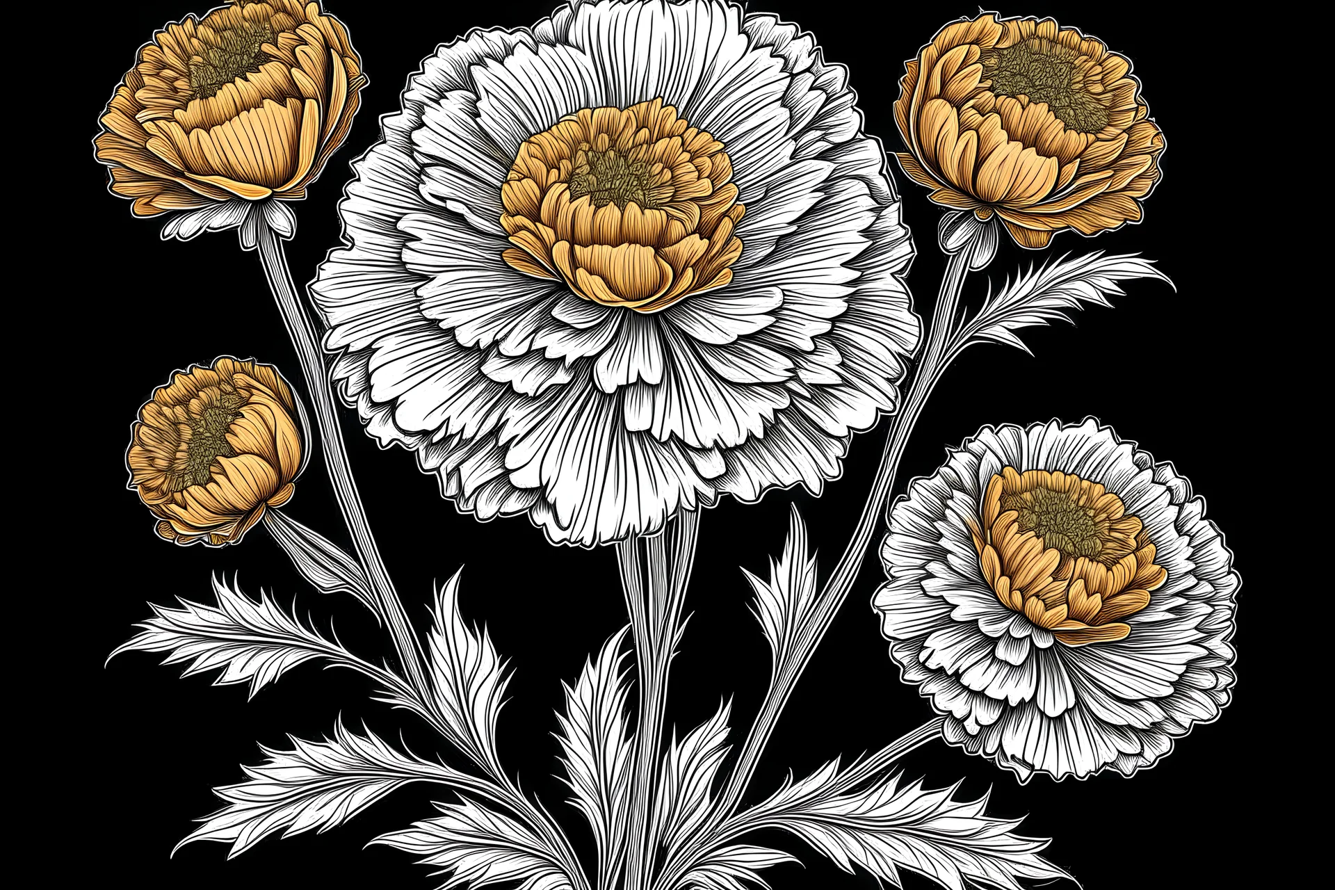 images of Marigold for coloring: , black and white background, fine lines