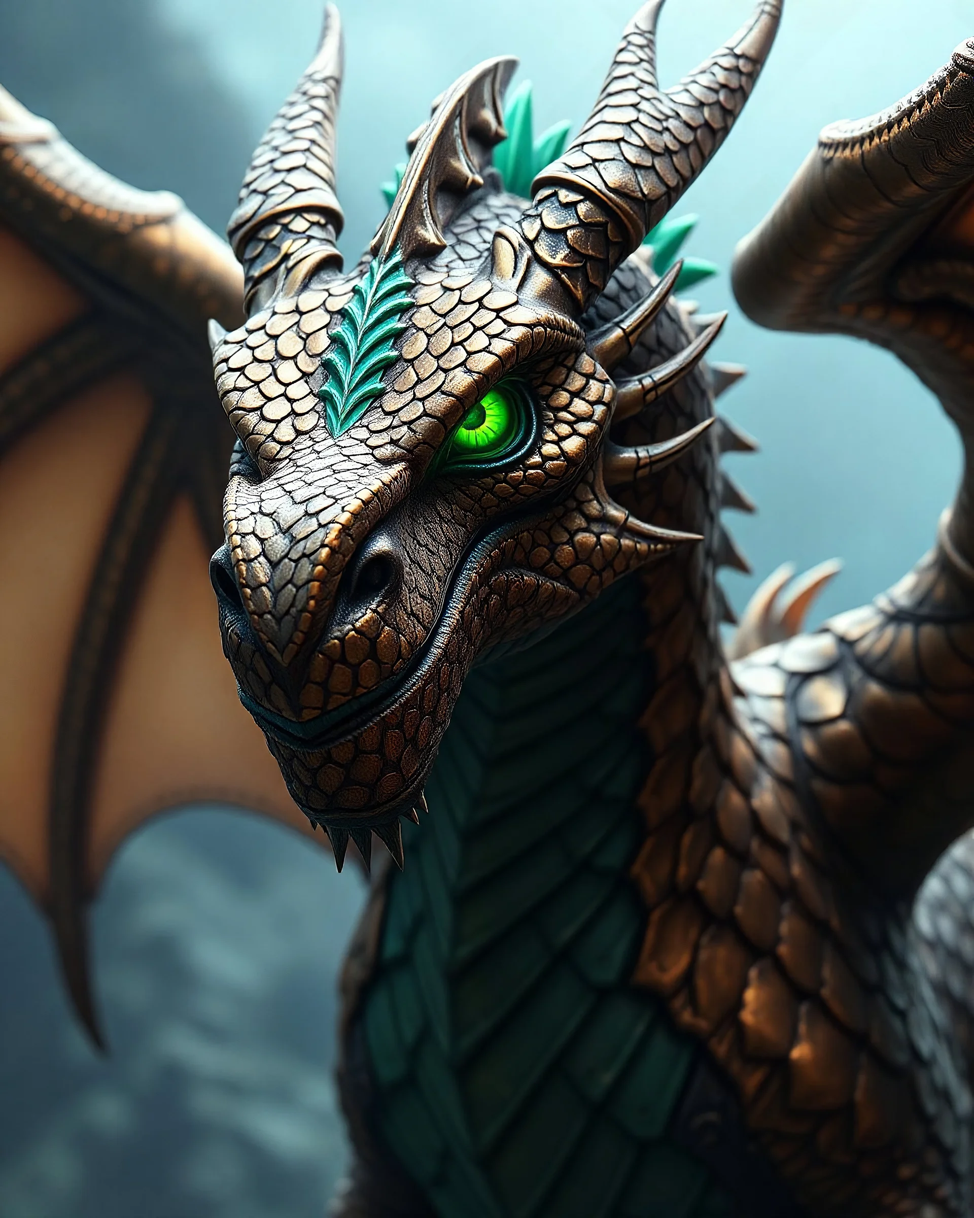 create an image of Vhagar the dragon from House of Dragons, scale color is bronze with greenish blue highlights and bright green eyes Powerful fantasy high quality