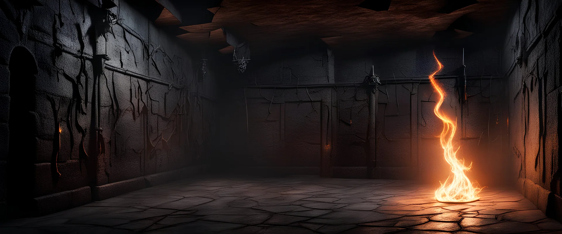 Hyper Realistic dark dungeon with a flame torch with bats flying & cobwebs on dark rustic walls at night