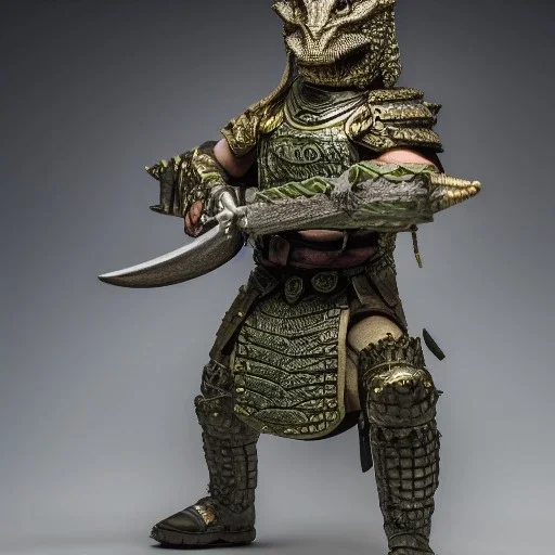 photograph of a warrior with crocodile themed armour. extremely detailed. dslr. 85 mm.perfect position